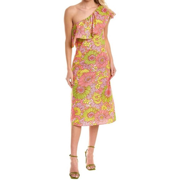 FLORA BEA NYC Retro Neon Floral Adalyn Midi Dress One Sleeve Women’s Sz L - Picture 1 of 6